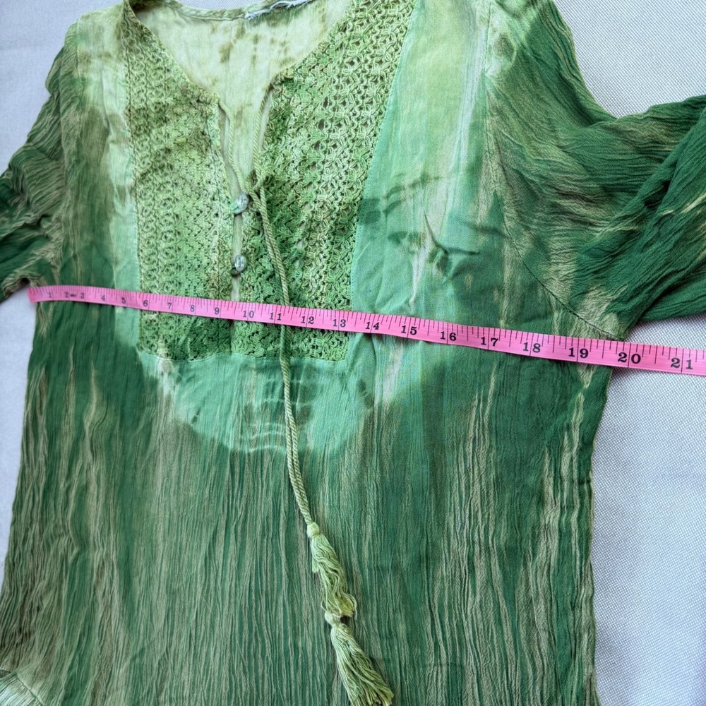 M/L Green Tie Dye Boho Crochet Lace Tassel Midi Dress Lagenlook Fairy Flowy Tier - Picture 6 of 7
